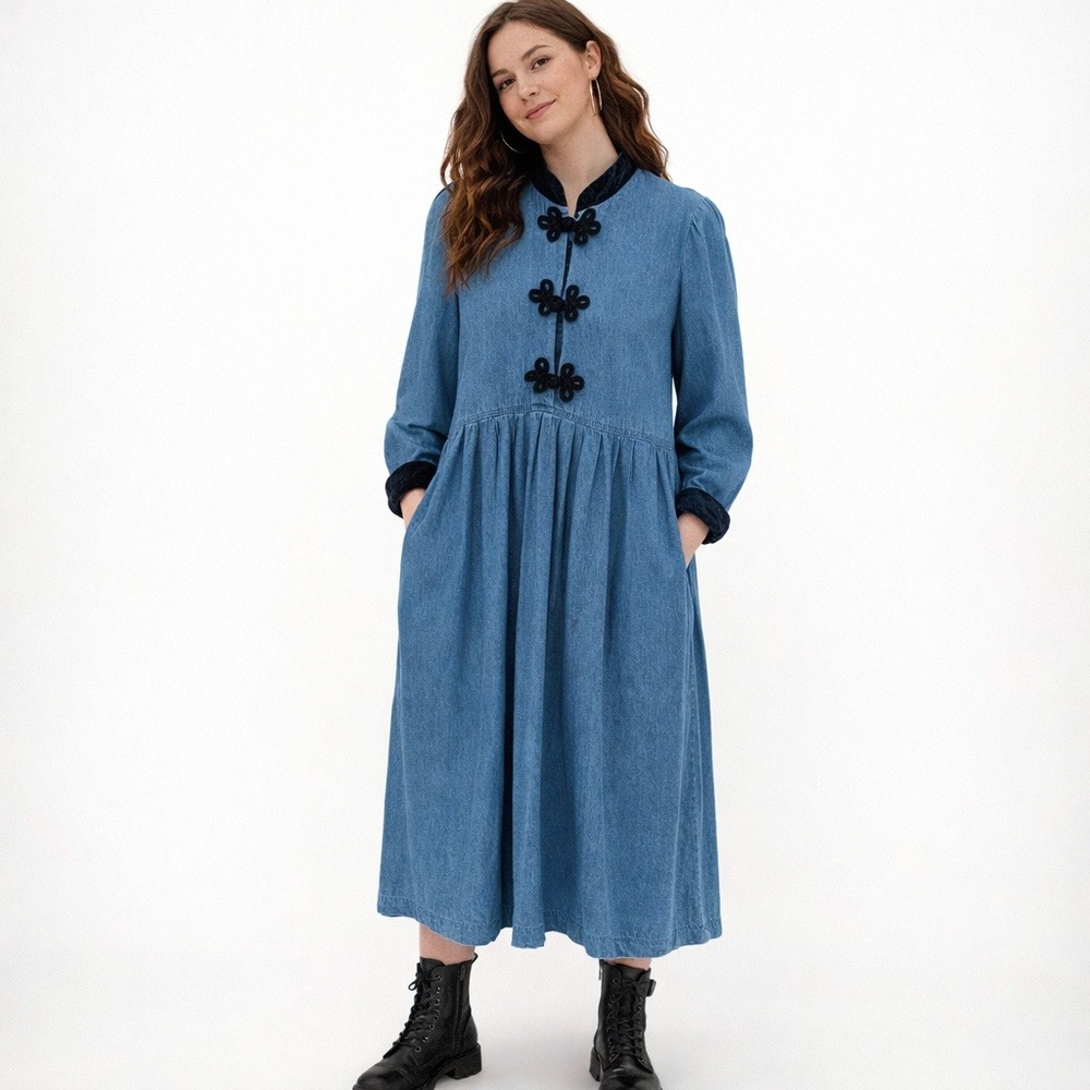 Vintage Denim Maxi Dress Womens 8 Blue Cotton Frog Closures Velvet Trim Coquette